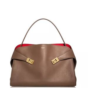Salvatore Ferragamo Taupe Brown Leather Shoulder Bag with Red Interior